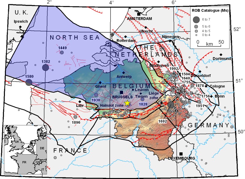 Seismotektonische kaart van België. De blauwgekleurde zone is het Anglo-Brabantmassief. De gele ster toont de locatie van de aardbevingszwerm bij Court-Saint-Etienne en Ottignies.
